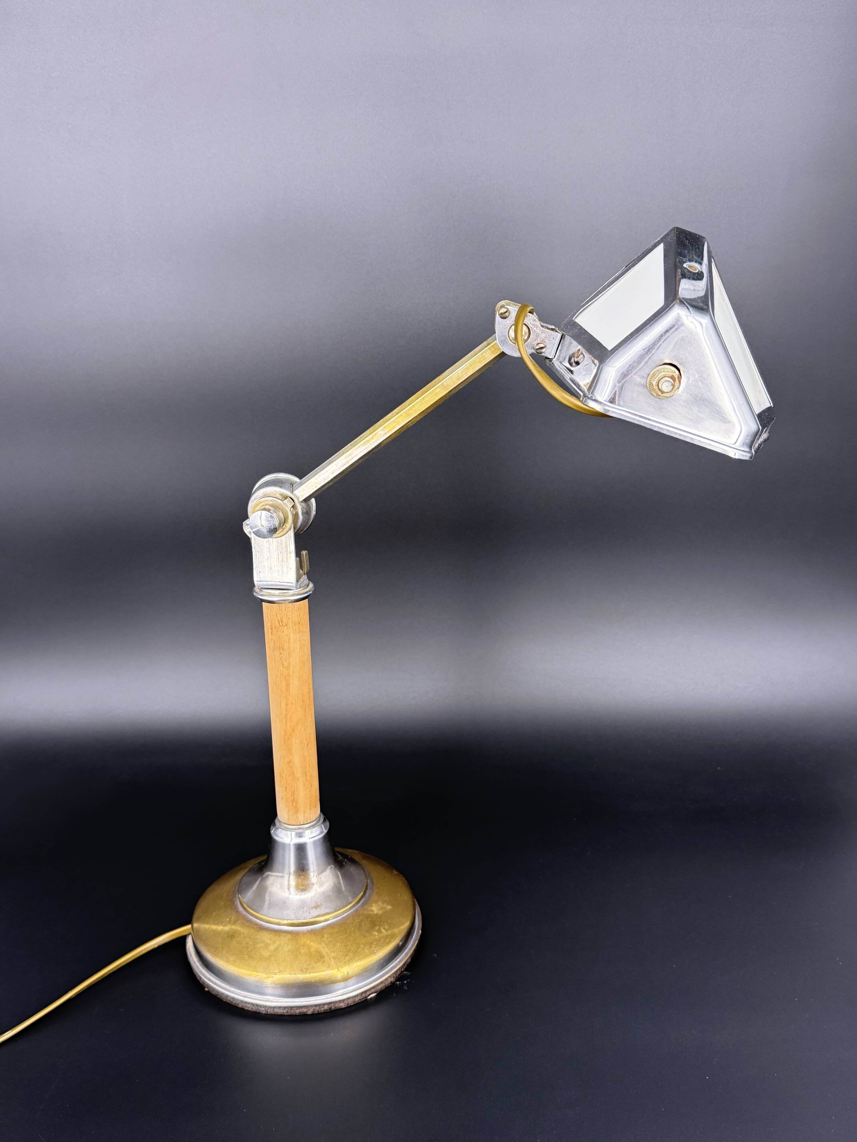 Art Deco desk lamp Pirouett chrome, brass and wood, 1930