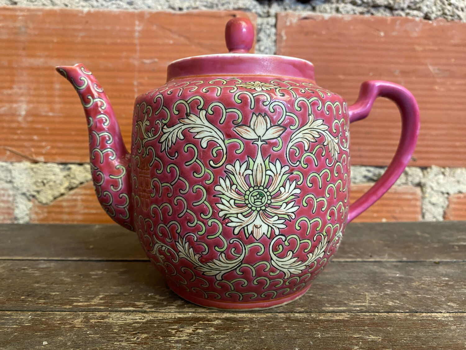 Antique MUN SHOU Teapot Pink Porcelain Flower Decor China Vintage #