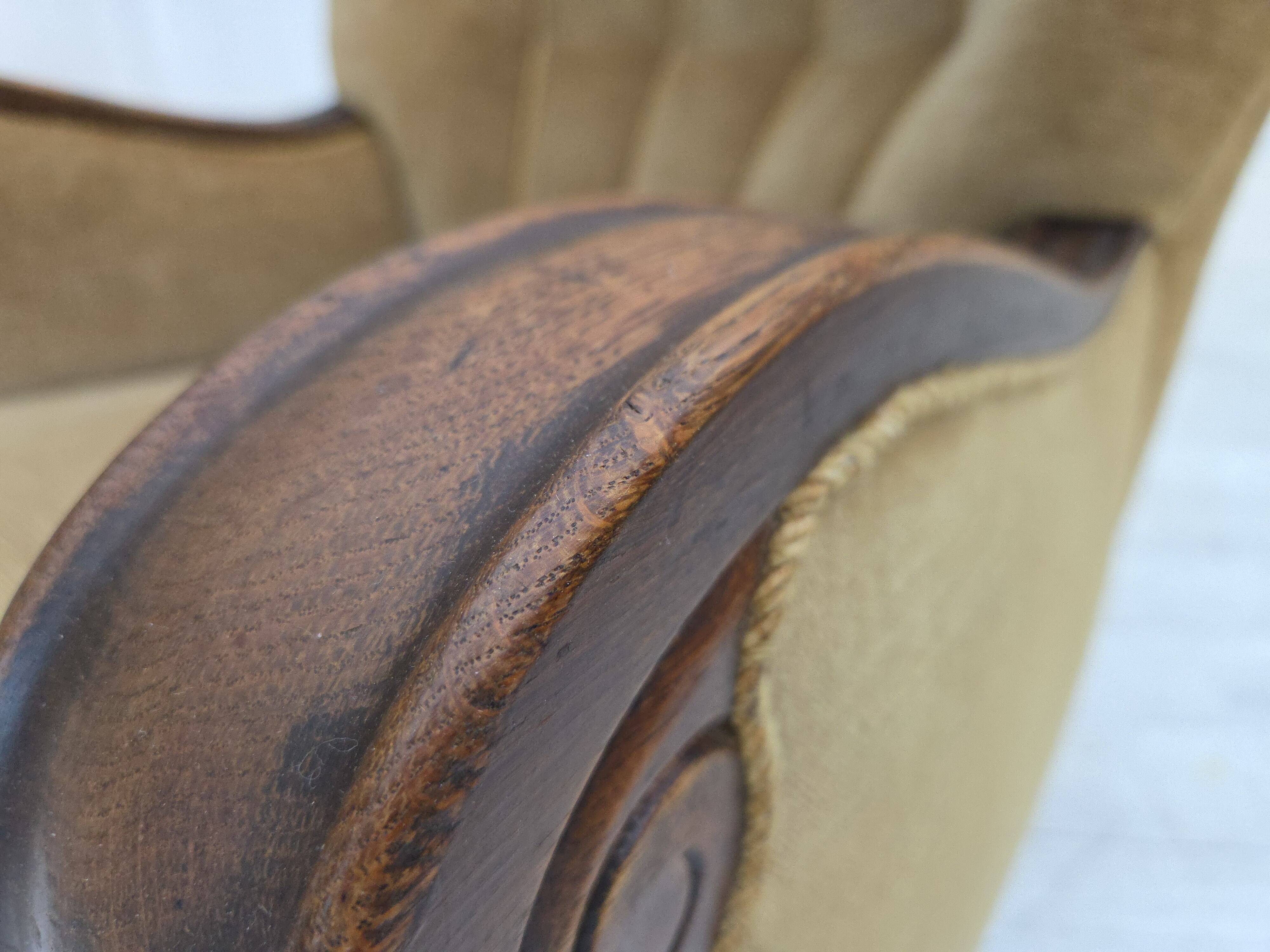 1960s, Danish armchair, original green furniture velour, carved oak wood.