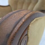 1960s, Danish armchair, original green furniture velour, carved oak wood.