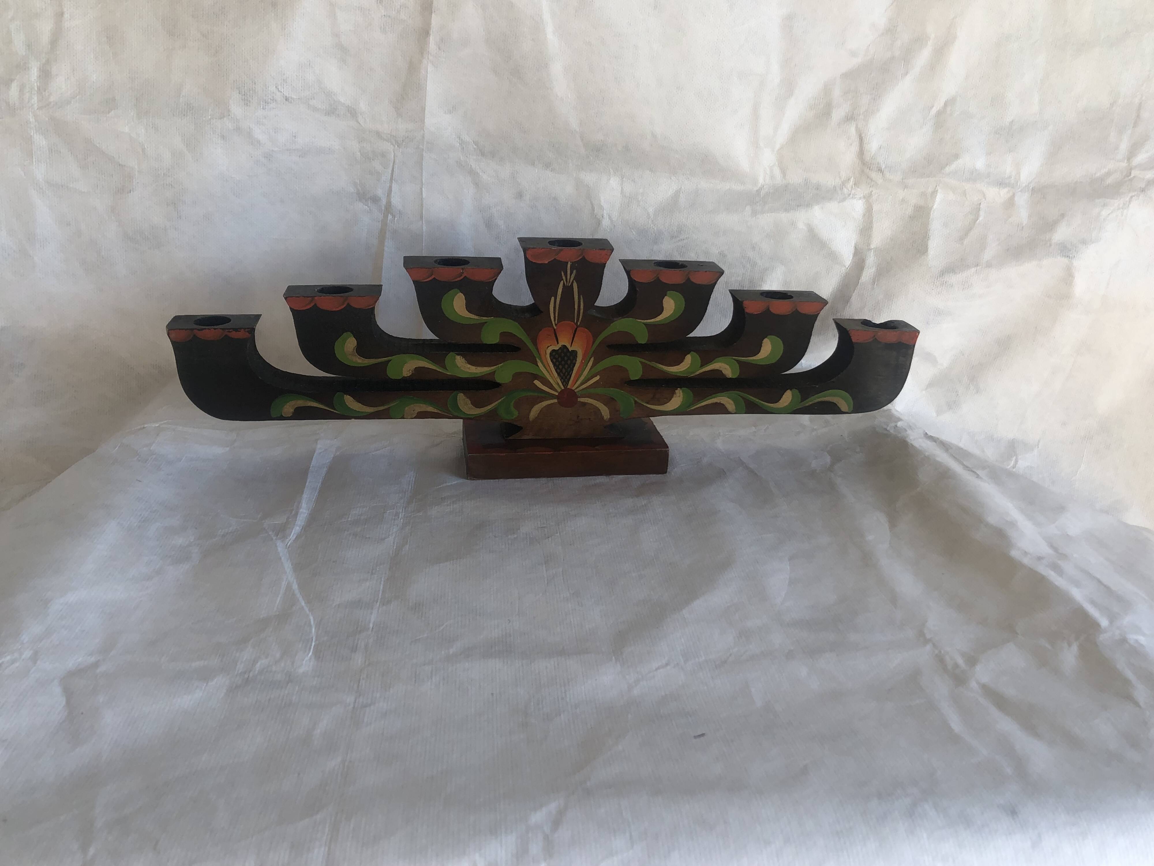 Scandinavian handcrafted painted wooden candlestick