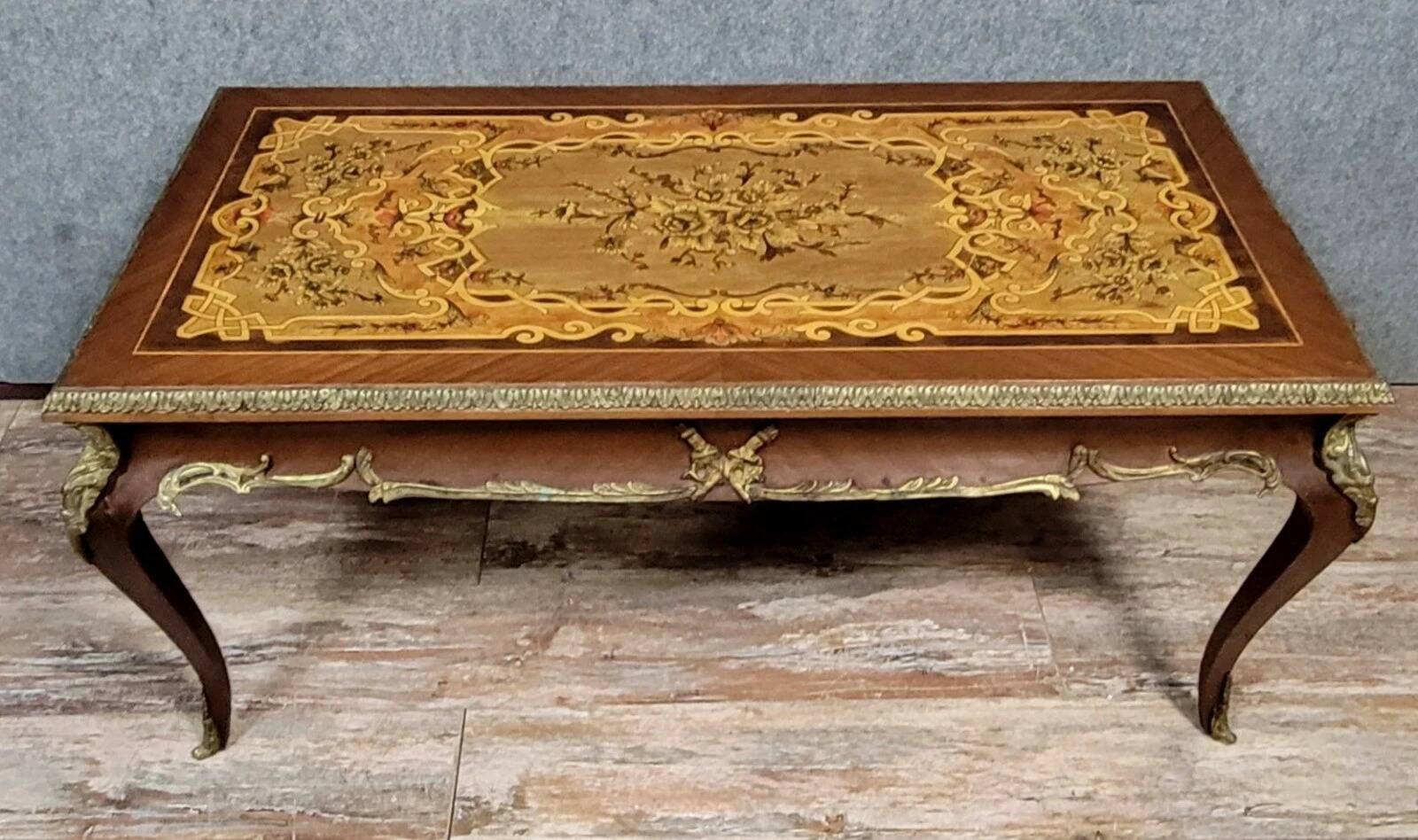 Louis XV style coffee table in marquetry and patinated bronzes circa 1950