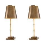 Pair of patinated brass table lamps with bamboo decoration.