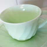 Mint Green Opaline Teacup and Saucer with Swirl Motif, Made in France
