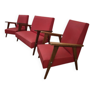 Ensemble canapé et deux fauteuils enfant pied compas vintage 1950s