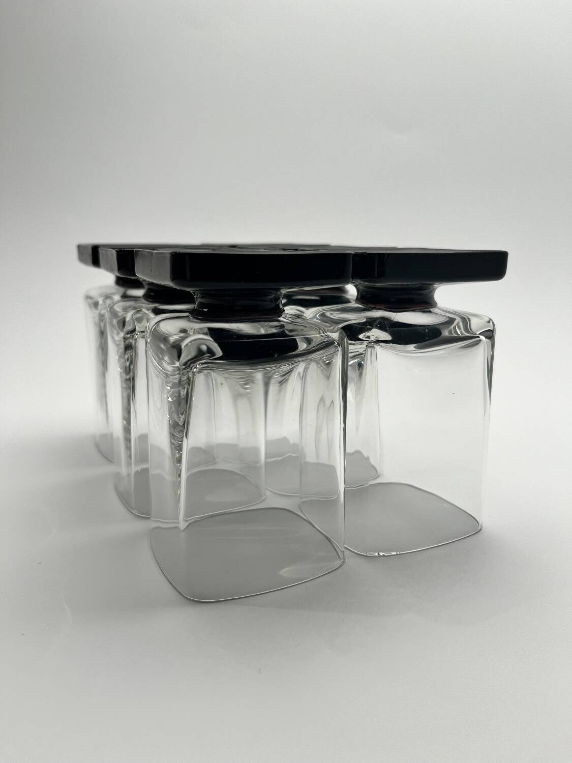 Set of 11 Black glass Square Footed Cocktail Glasses 1970