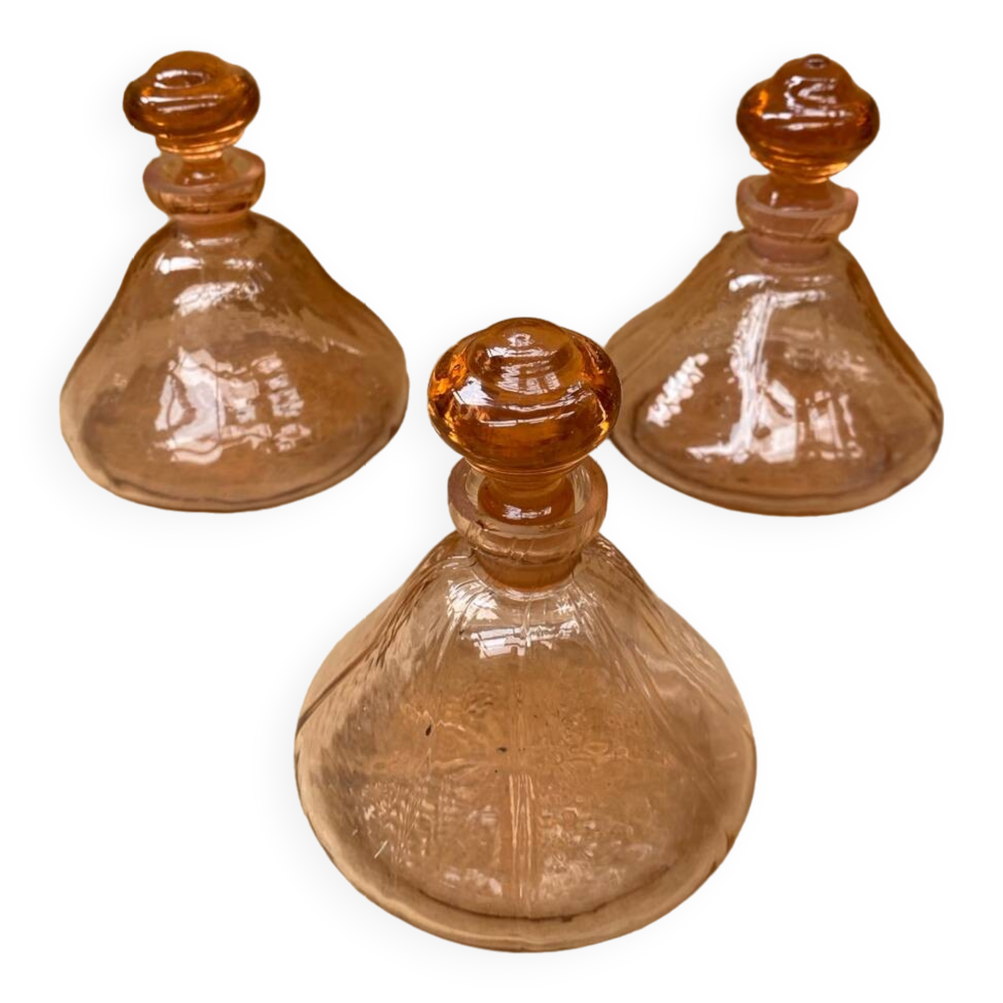 Set of 3 old perfume bottles + vintage pink molded glass stopper #b470