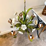 Chandelier 6 lights in green, white and orange metal