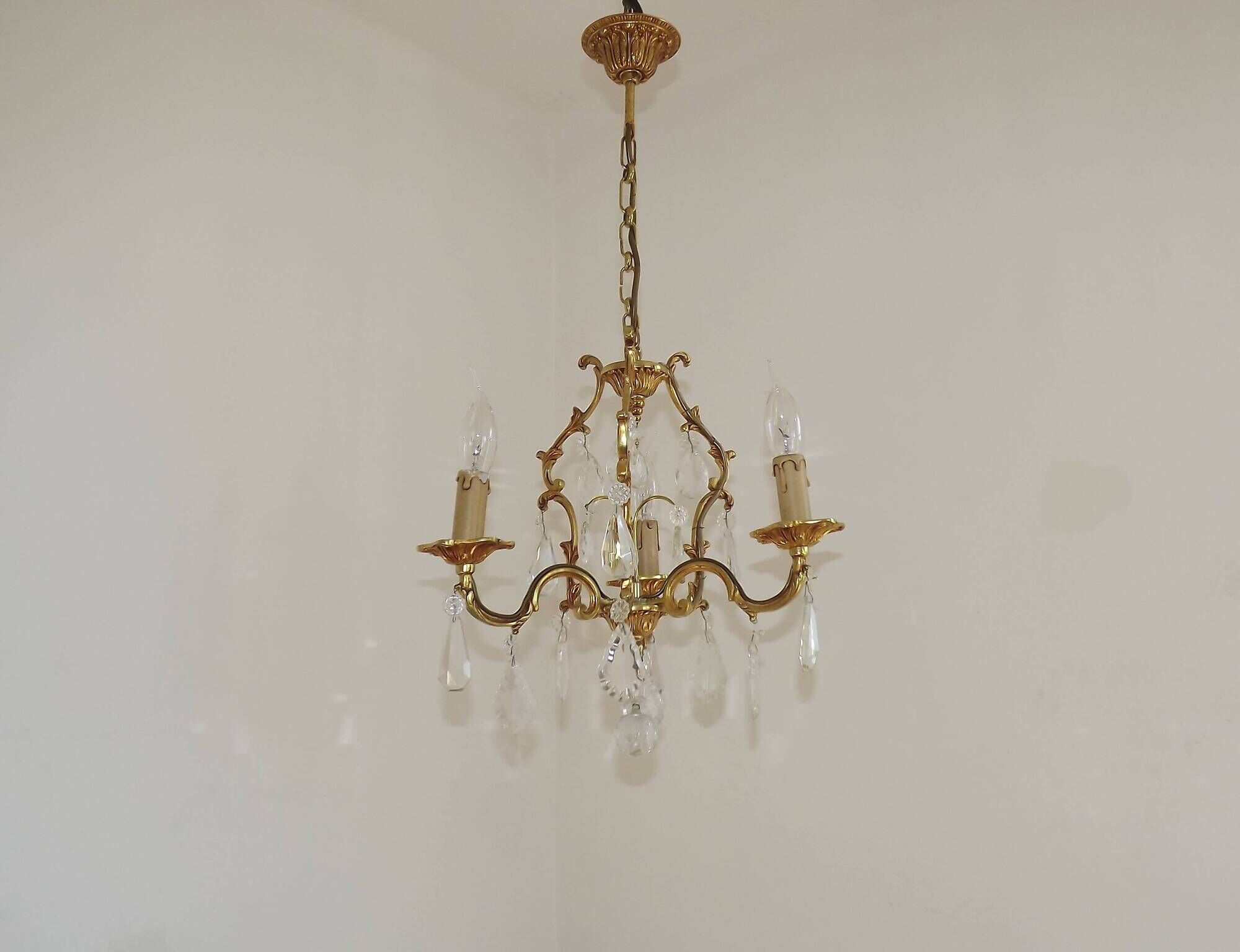 French Vintage Brass Mid Century 3 Light 3 Sided Crystal Cage Chandelier