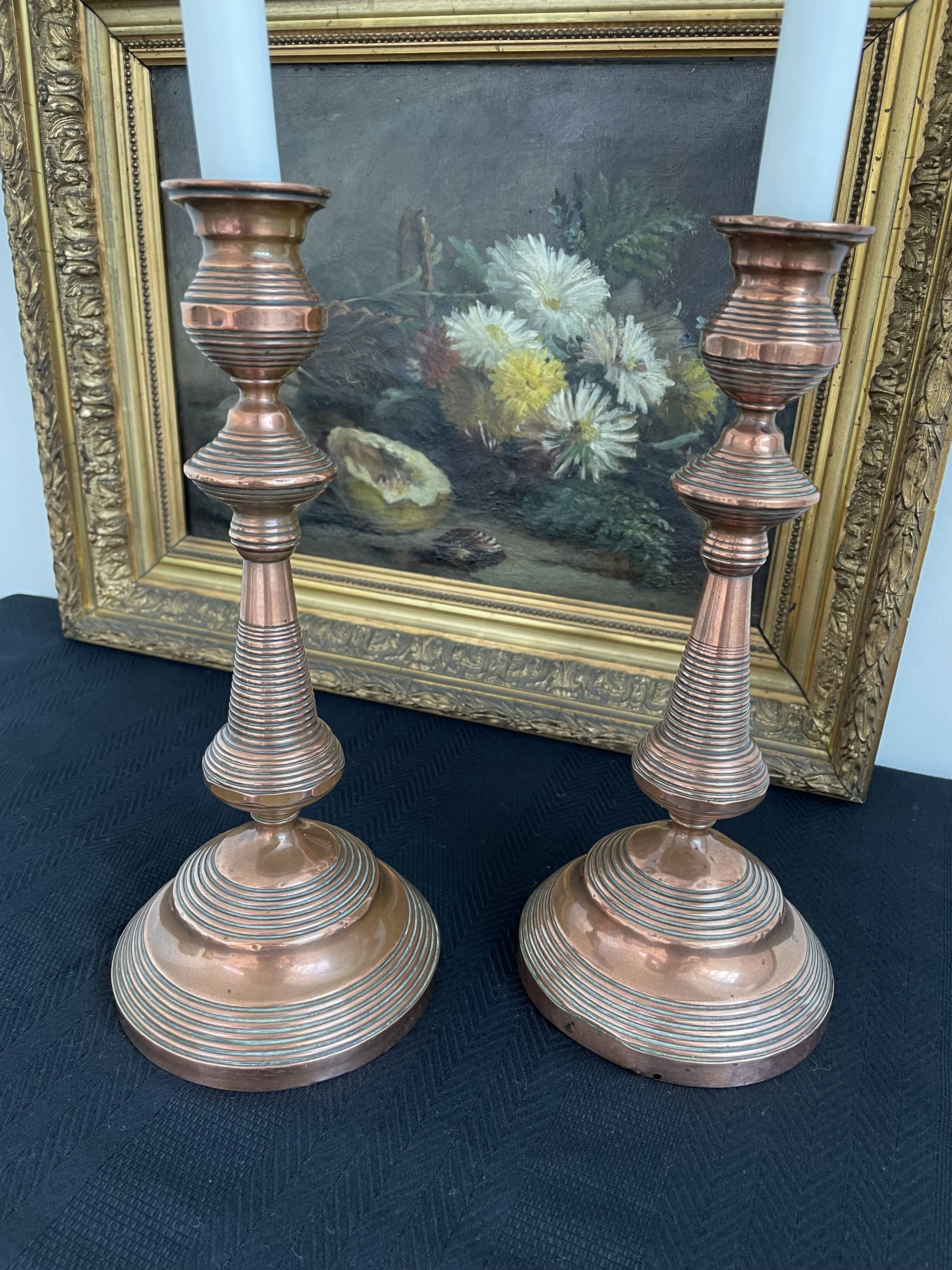 Antique, pair of candle holders, copper, brass, candle, goldsmith hallmark, old, large, massive, France