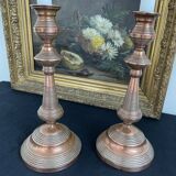Antique, pair of candle holders, copper, brass, candle, goldsmith hallmark, old, large, massive, France
