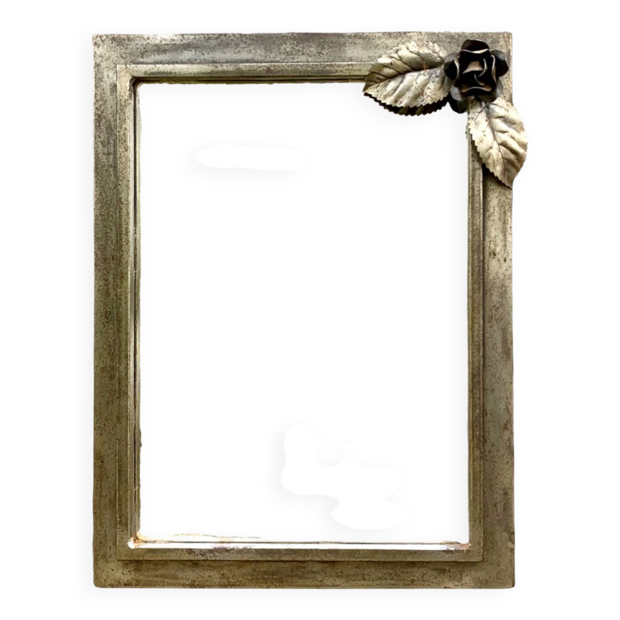 Vintage wall mirror in varnished steel decorated with a rose in relief