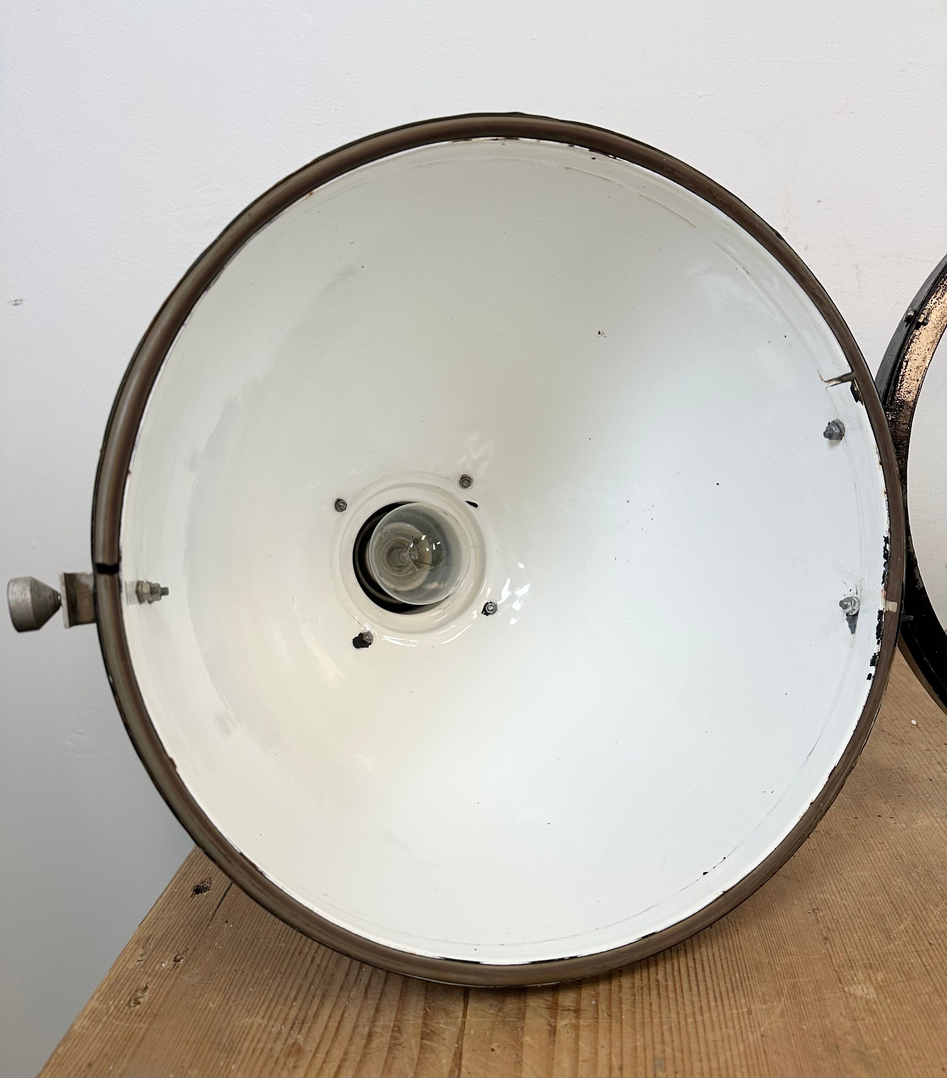 Industrial Black Enamel Factory Spotlight with Convex Glass Cover, 1960s