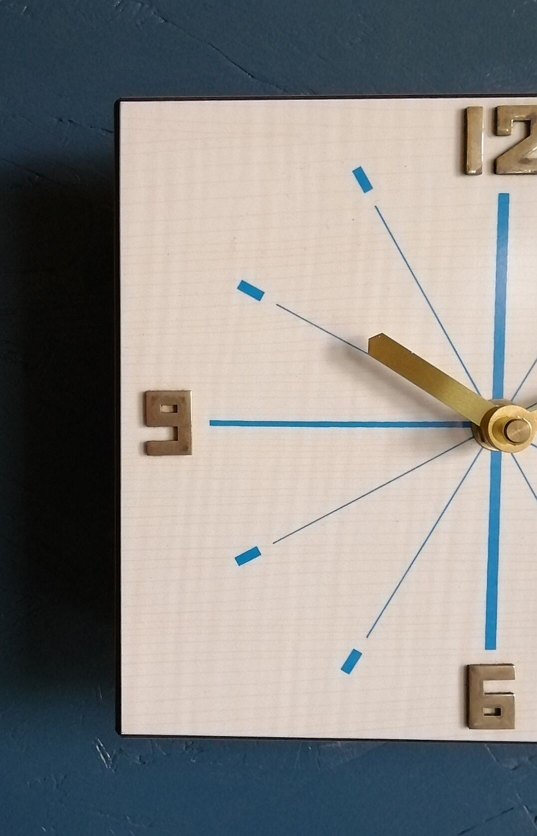 Vintage formica clock silent rectangular wall clock "Blue wood flash"