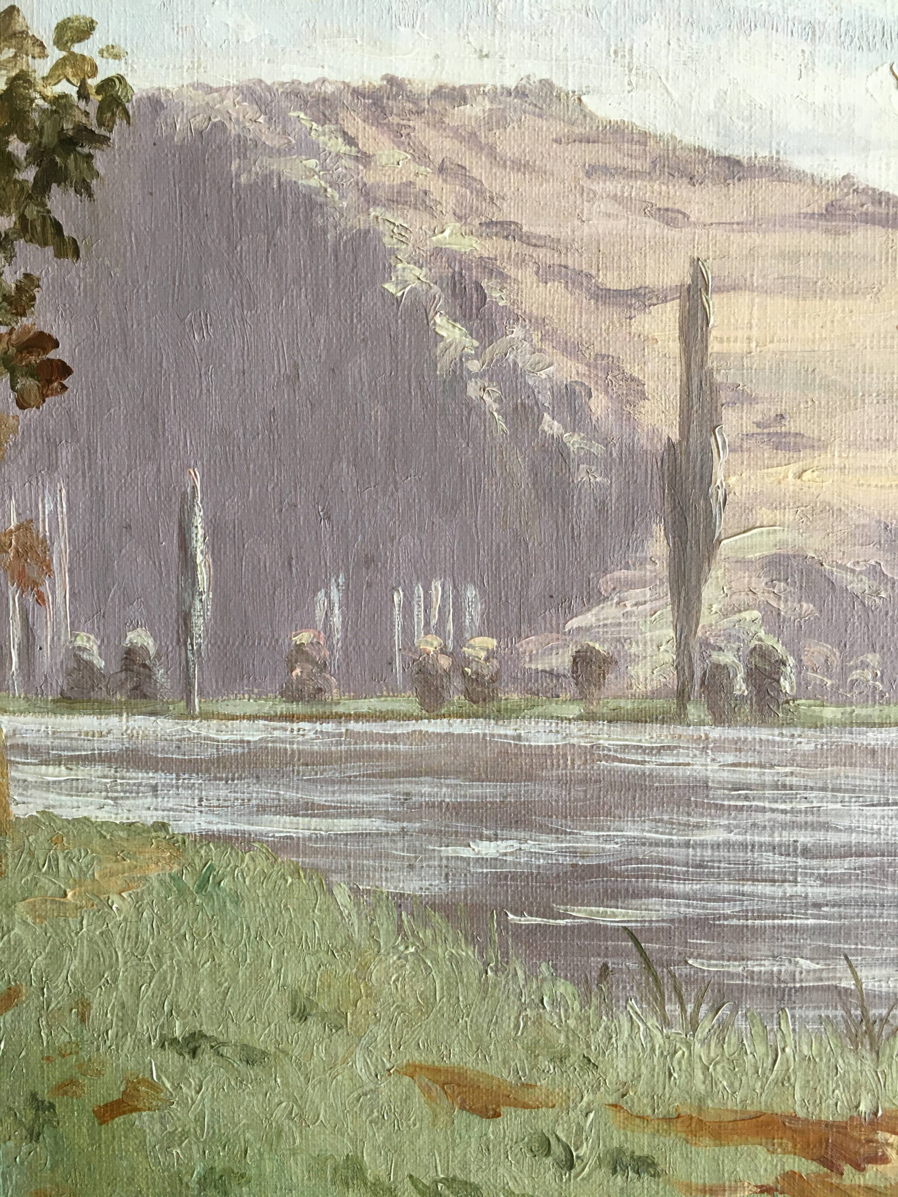 Ancient painting "Landscape at the River" E. Poux Doubs signed cf. Isenbart Charigny