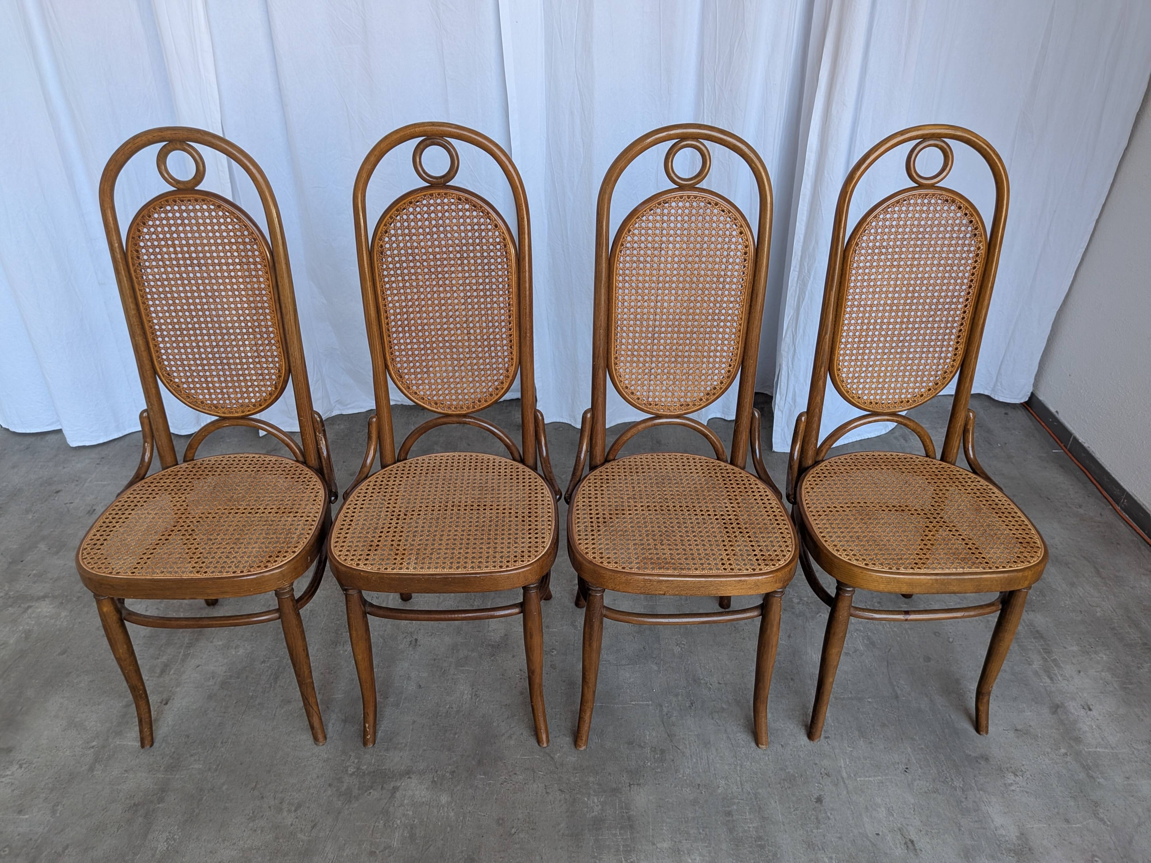 Set of 4 Mid-century Bentwood Cane Dining Chair, Thonet Style, 1970s Yugosl