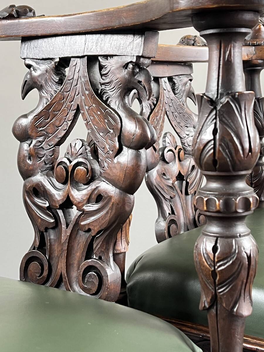 Pair of corner armchairs in carved wood, 19th century