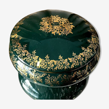 Bonboniere or jewelry box in green and gold limoges porcelain with floral pattern