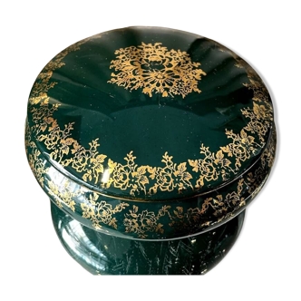 Bonboniere or jewelry box in green and gold limoges porcelain with floral pattern