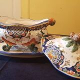 Desvres earthenware tureen and tray. Hand decor.