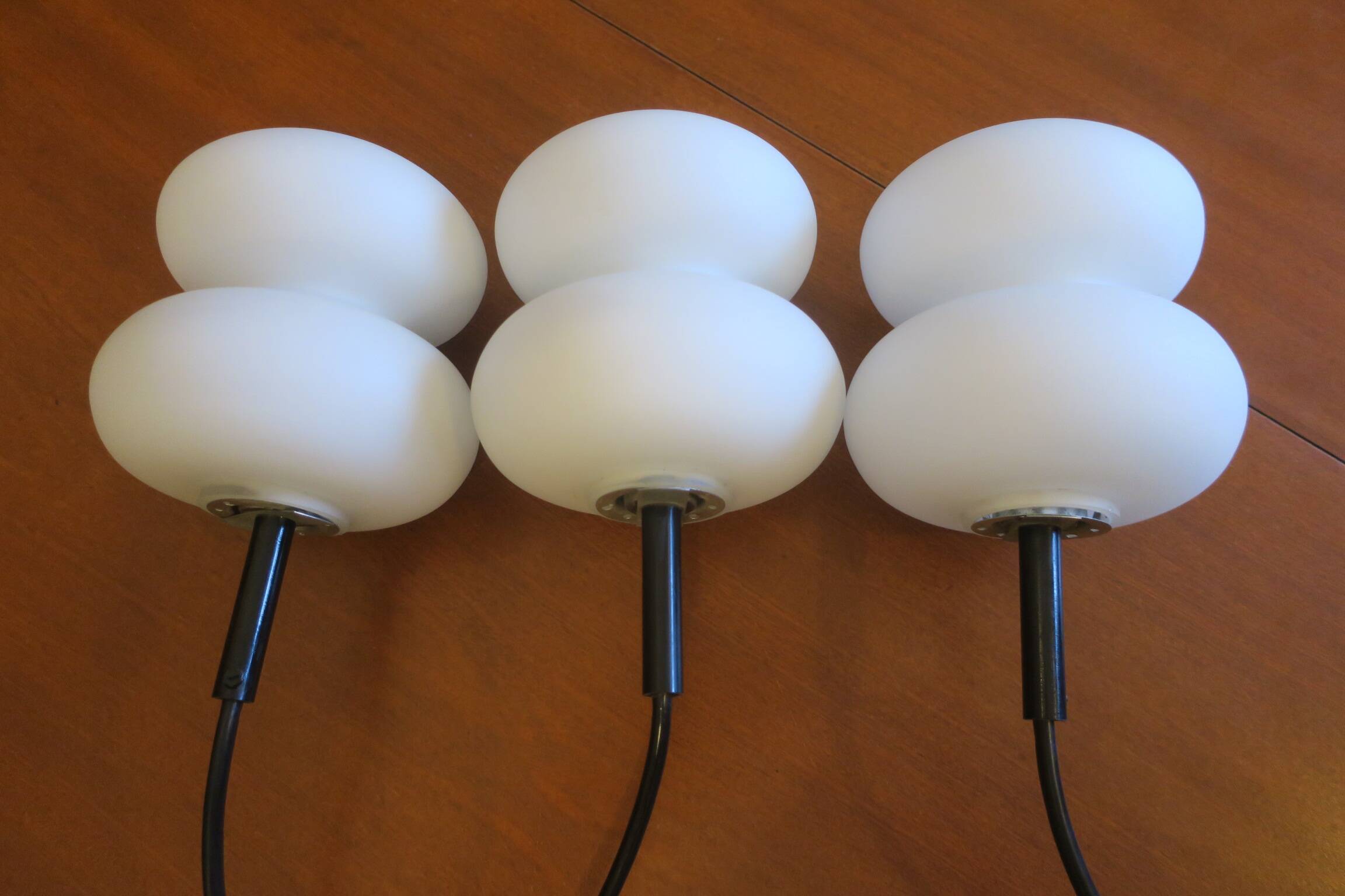Set of 3 opal glass organically shaped pendant lights, 1960s