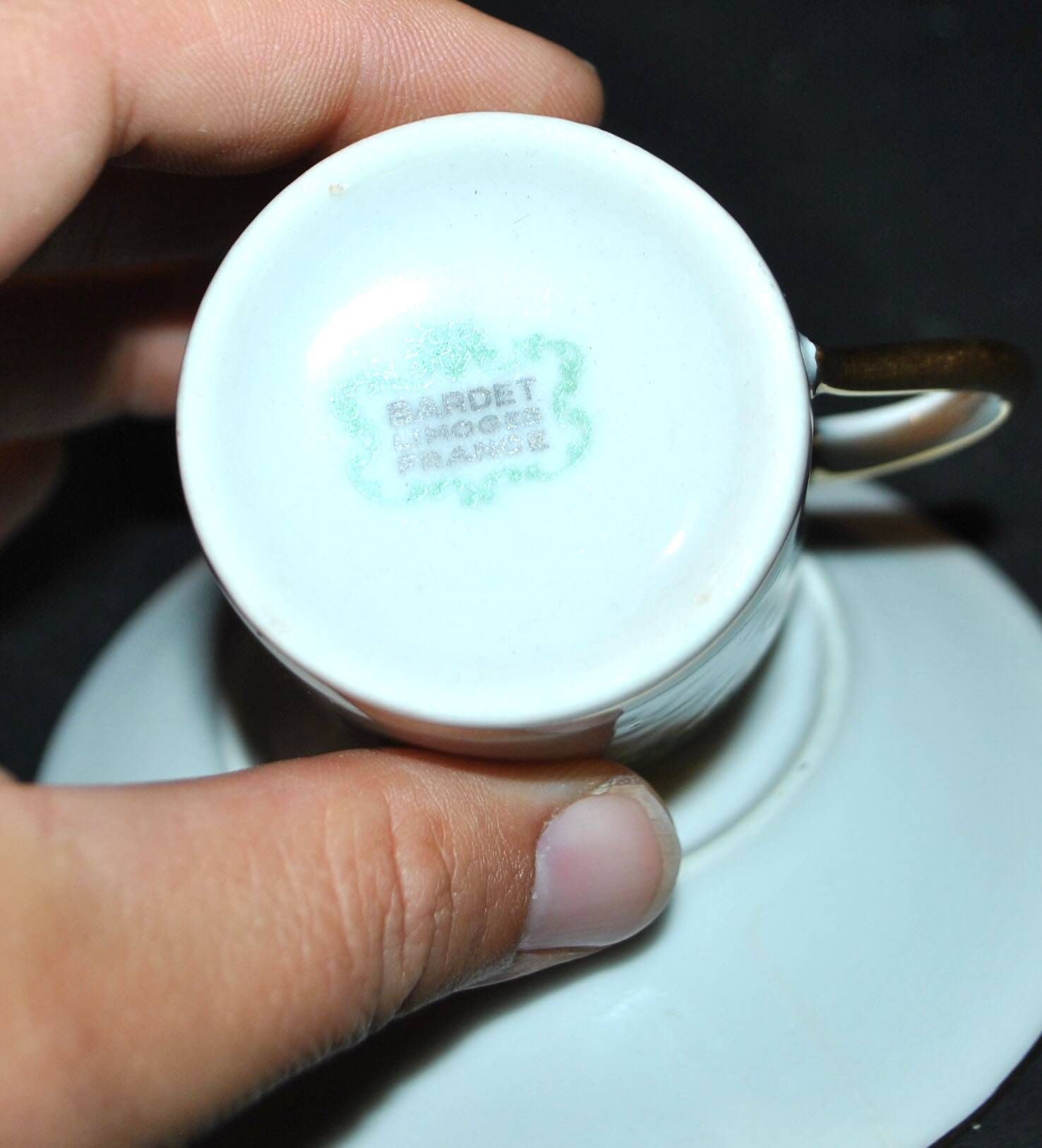 Green and gold litron coffee cup in Limoges porcelain BARDET 1950