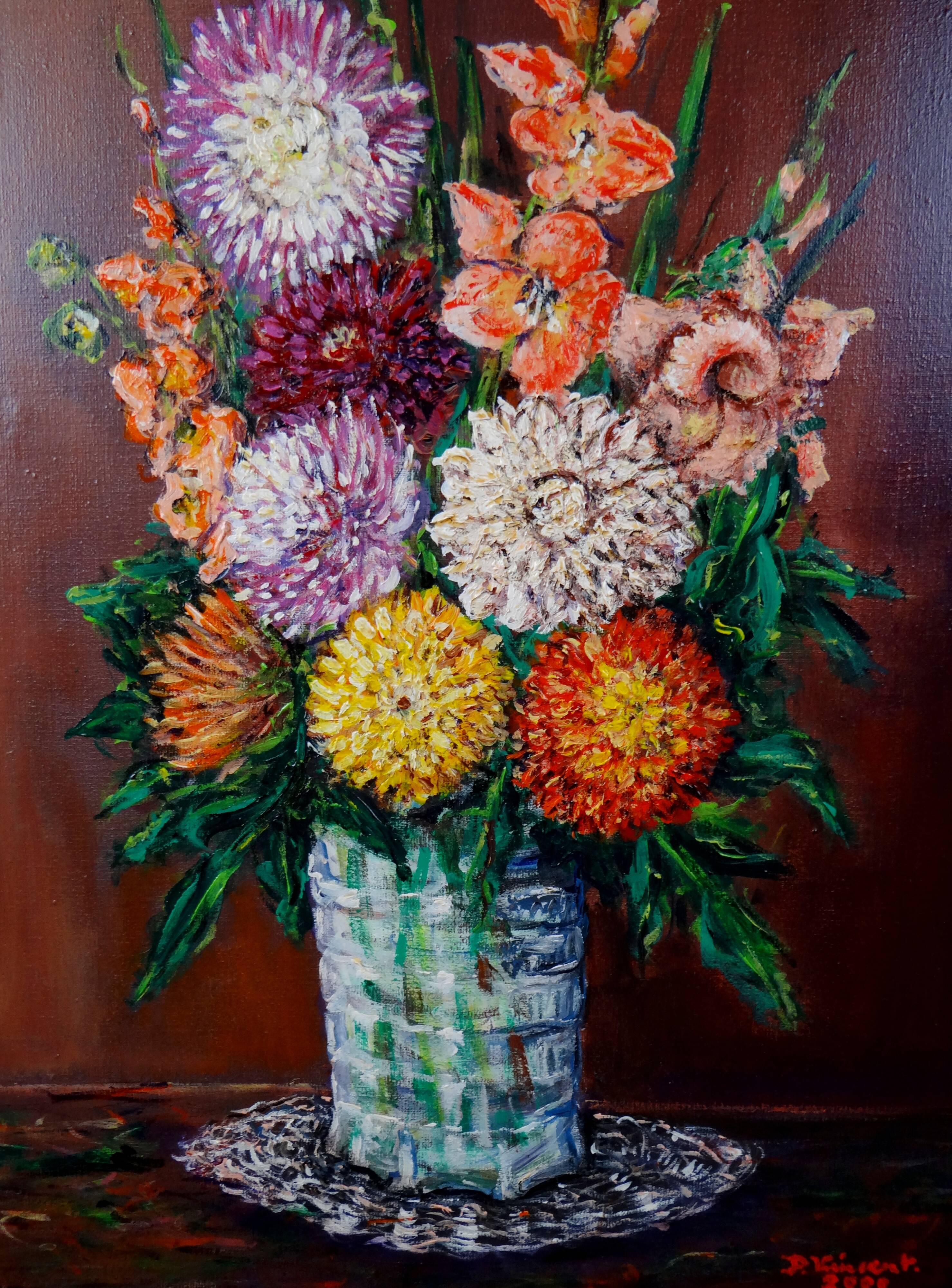 Still life 'Gladioli and Dahlias' Oil on canvas 36x33 signed J.D Vincent
