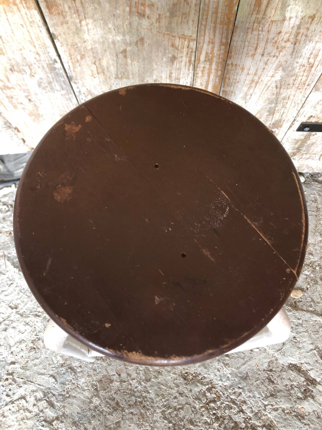 Bar Stool White Metal Leg + Vintage Brown Wood Seat #A352