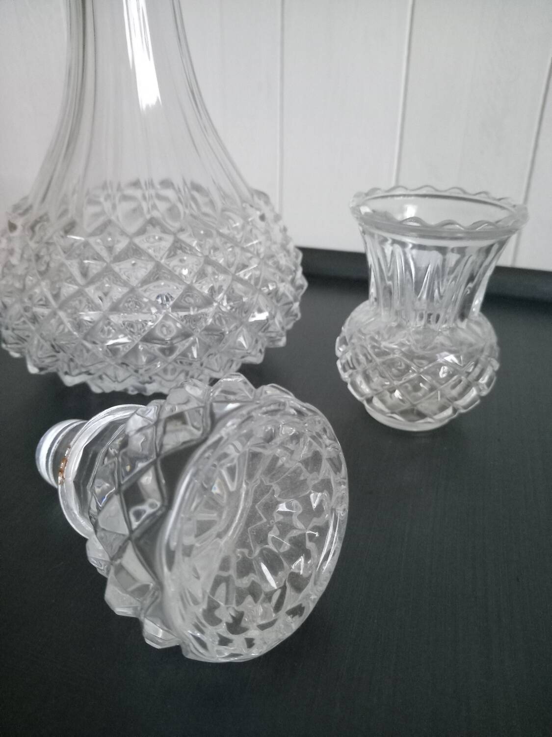 Diamond cut carafe and small vase
