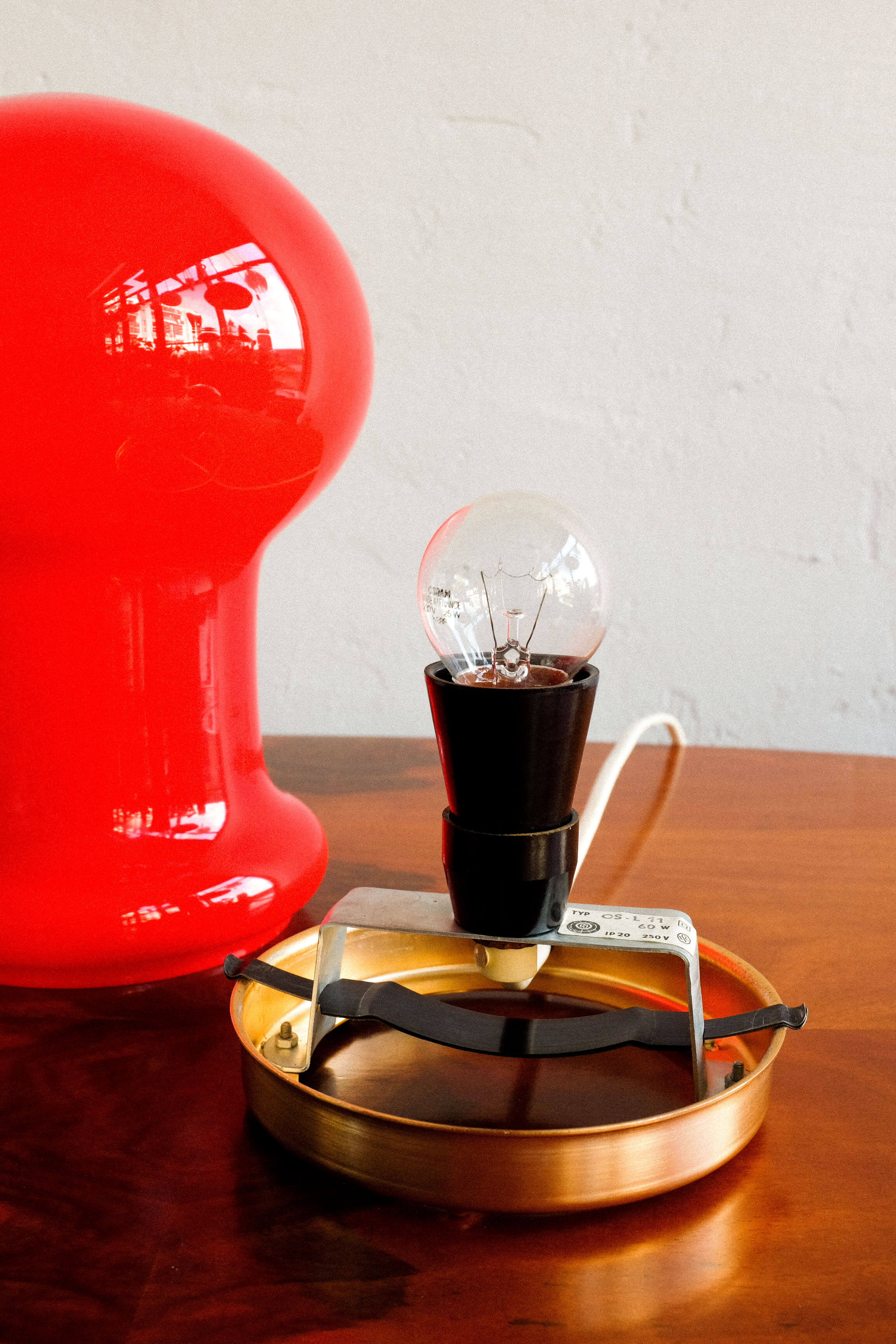 Space age czechoslovak opaline red glass table lamp, 1970s