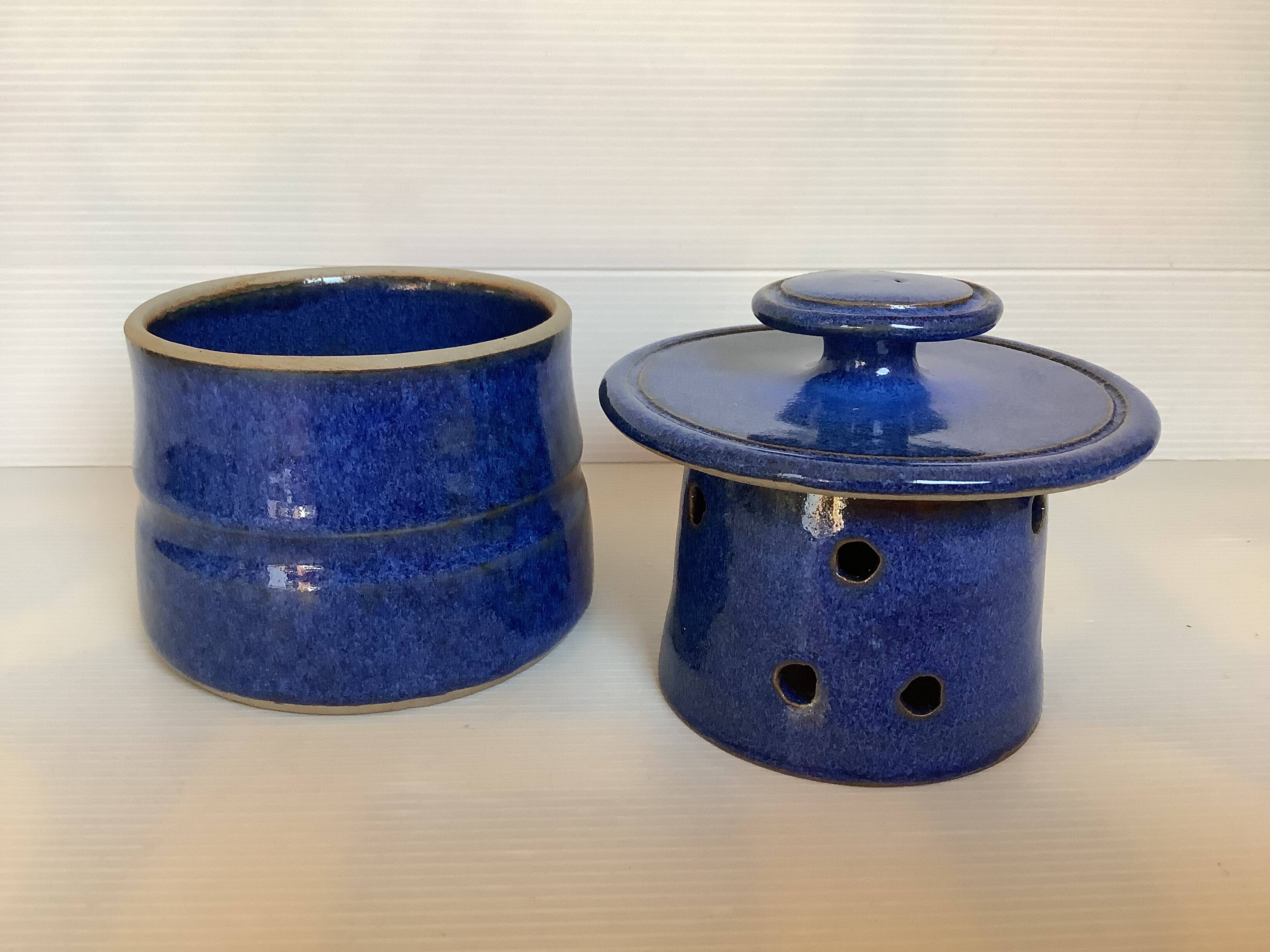 Blue ceramic water butter dish