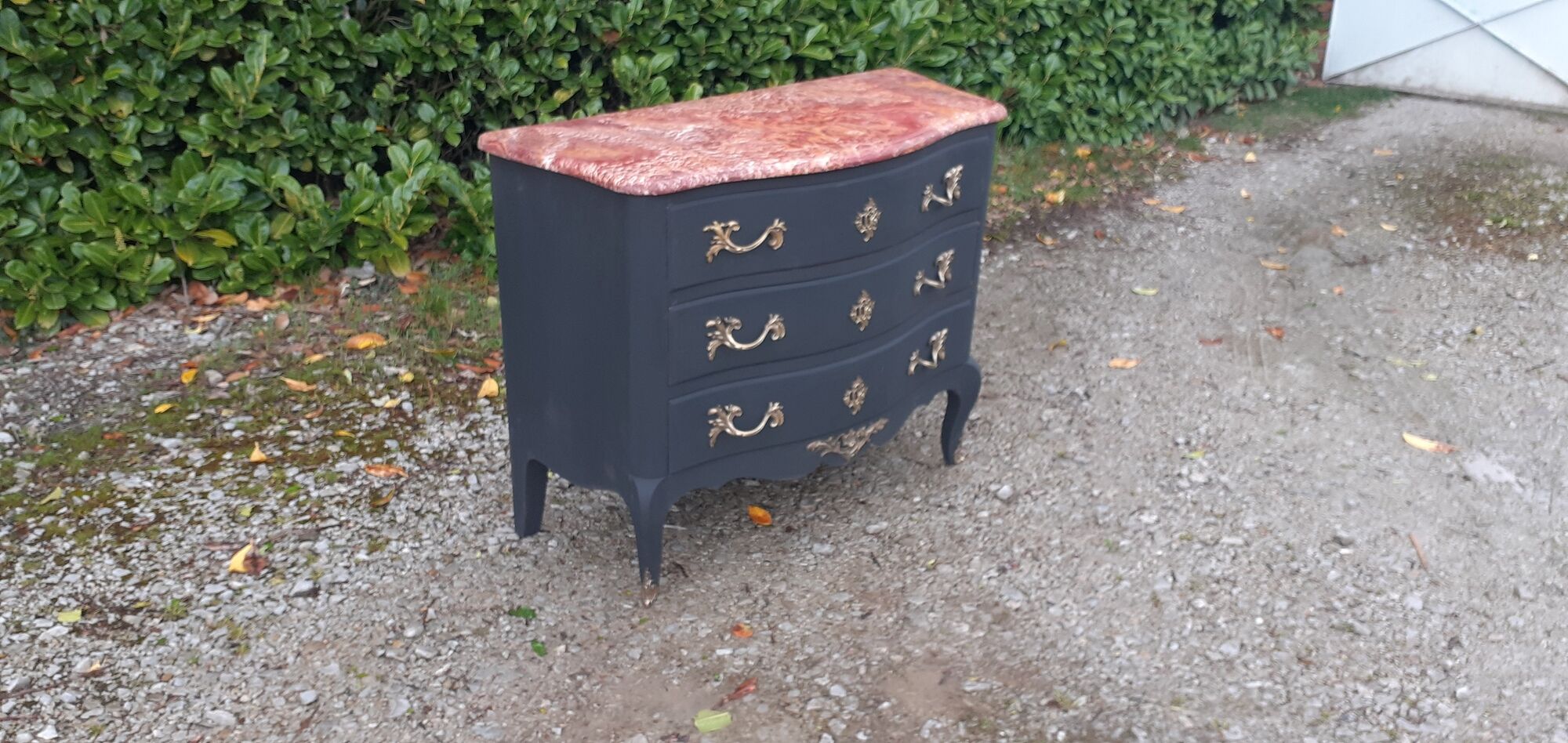 Chest of drawers 3 drawers Louis XV style curved black marble top