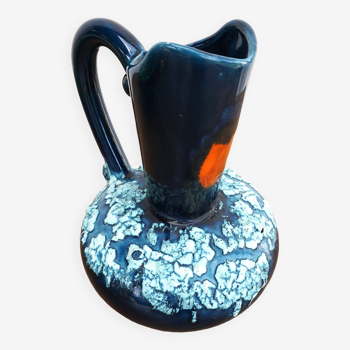 Vase vintage en céramique fat lava bleu signé E. Bouchter