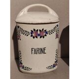 5 old art deco pots in vintage ceramic with spices, flour, pepper, coffee, tea, sugar