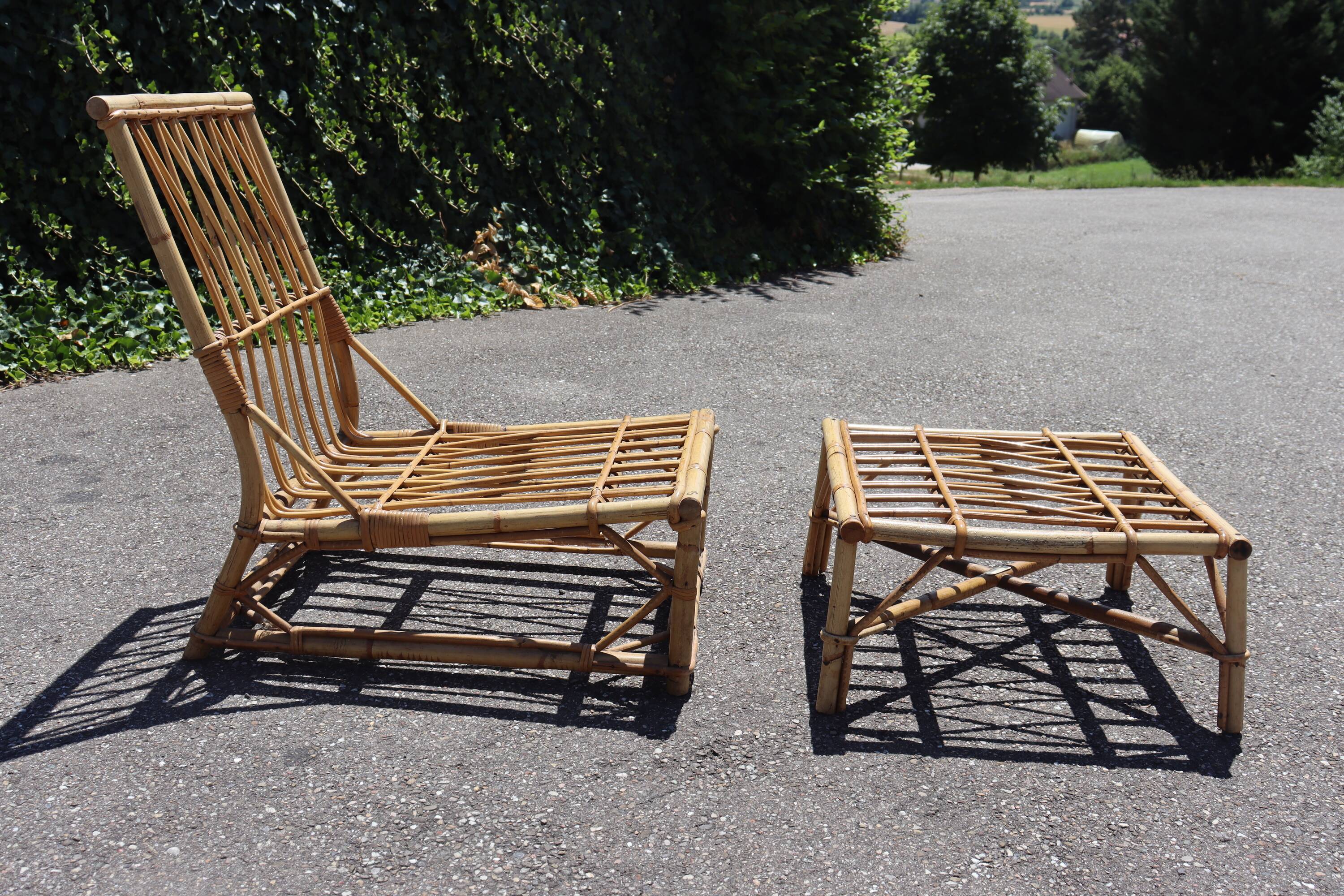 Rattan armchair and its footrest by Audoux & Minet 1950