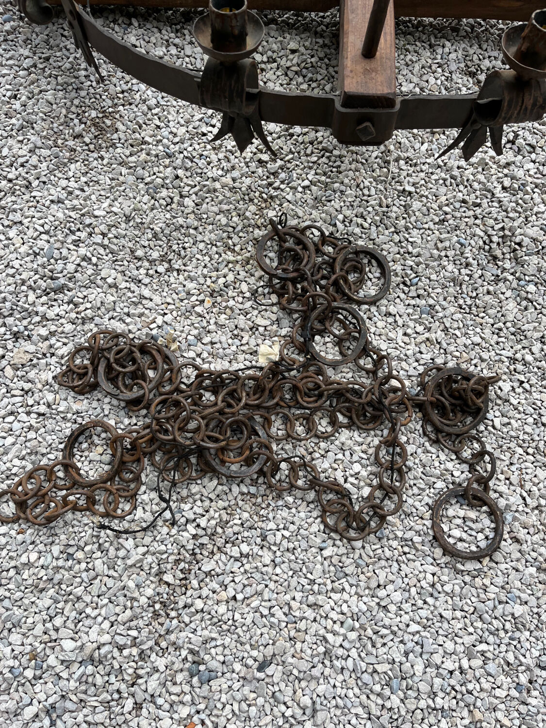 Castle chandelier in oak and cast iron 1950 60