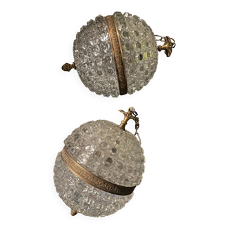 Pair of antique globe pendant lights in glass structure and gilded brass