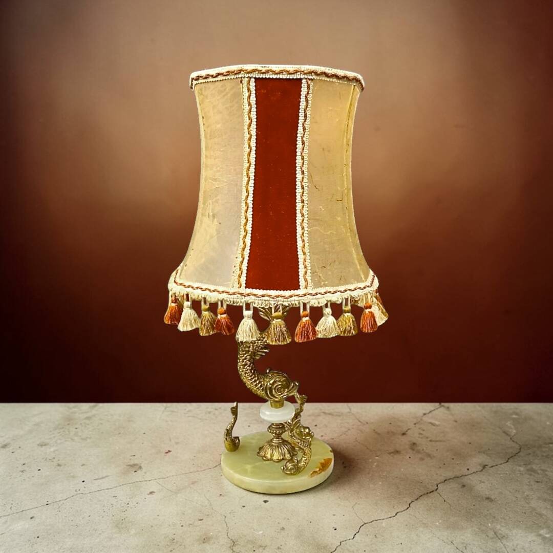 Vintage fish lamp in brass and onyx – H61 cm