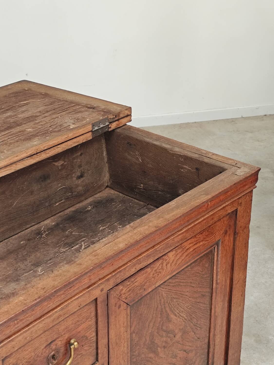 Antique solid wood workbench, dough cabinet from the 18th century.