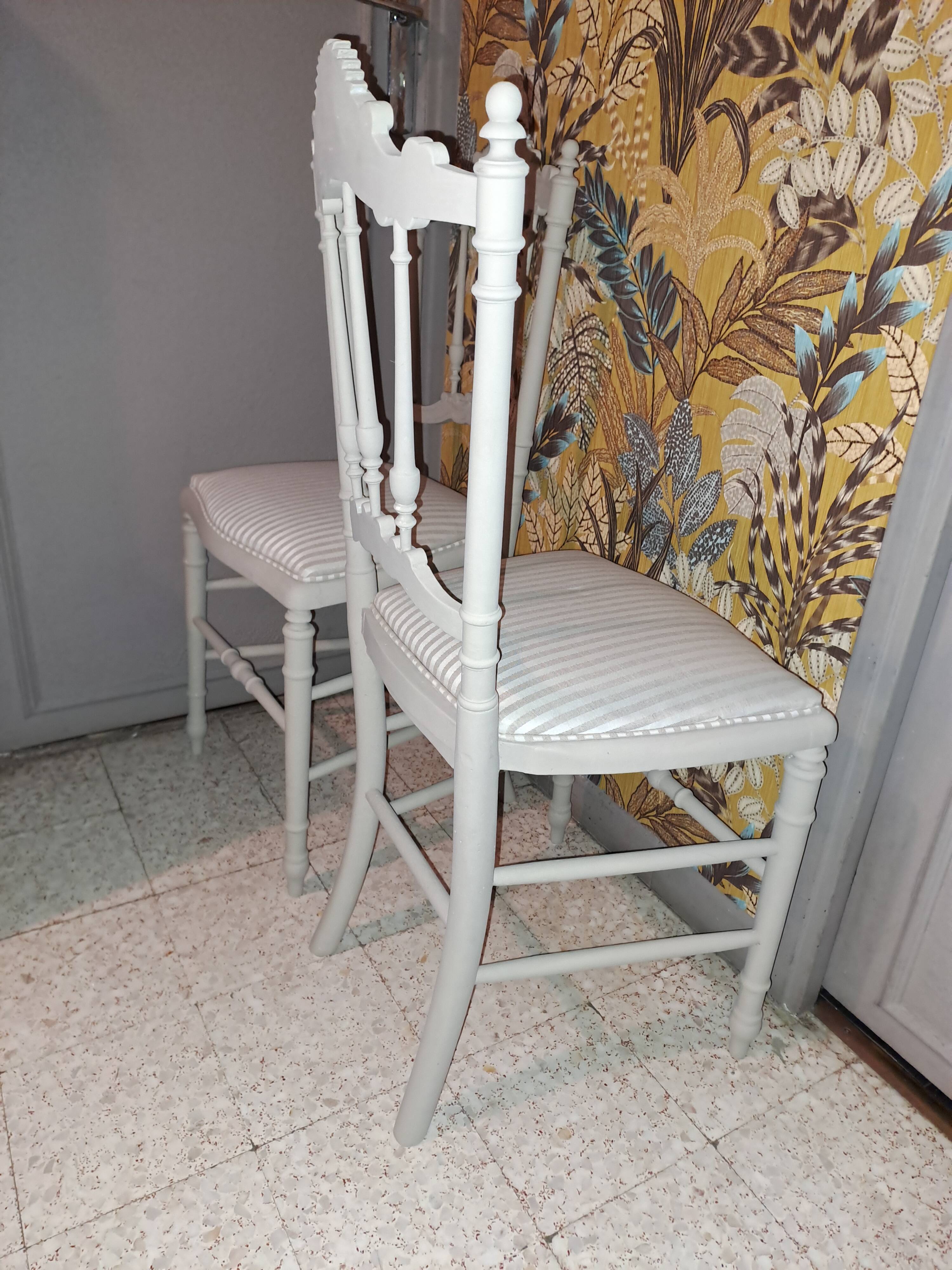 Lot of 2 empire style opera chairs redone in 19th century striped fabric, beige color