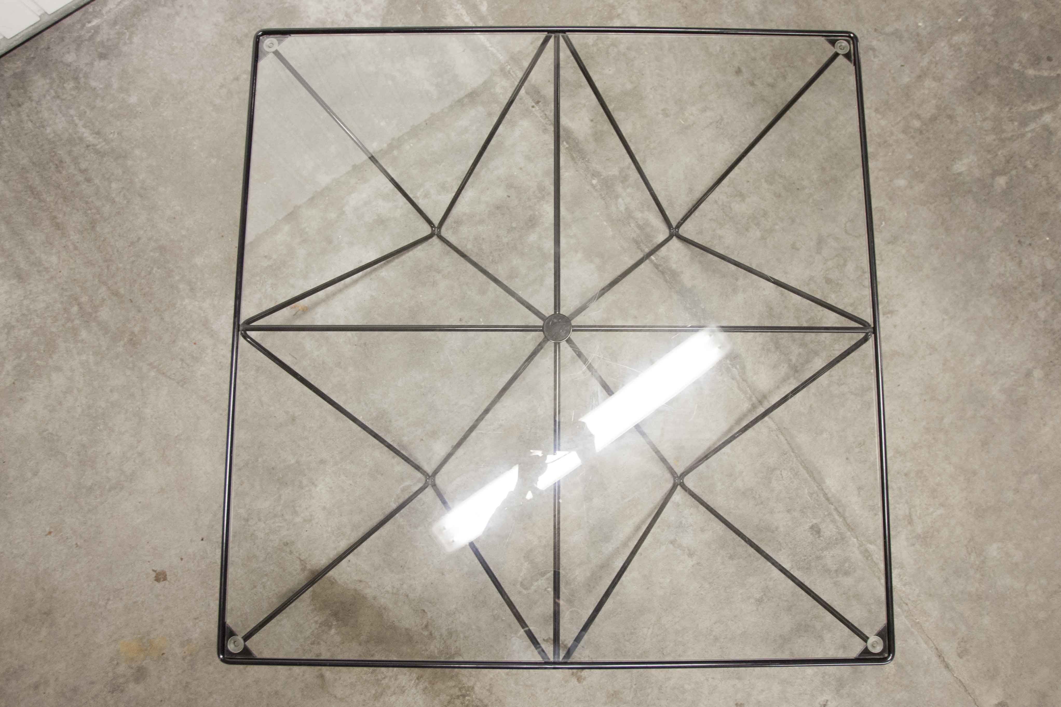 Square coffee table in glass and black satin metal 1980