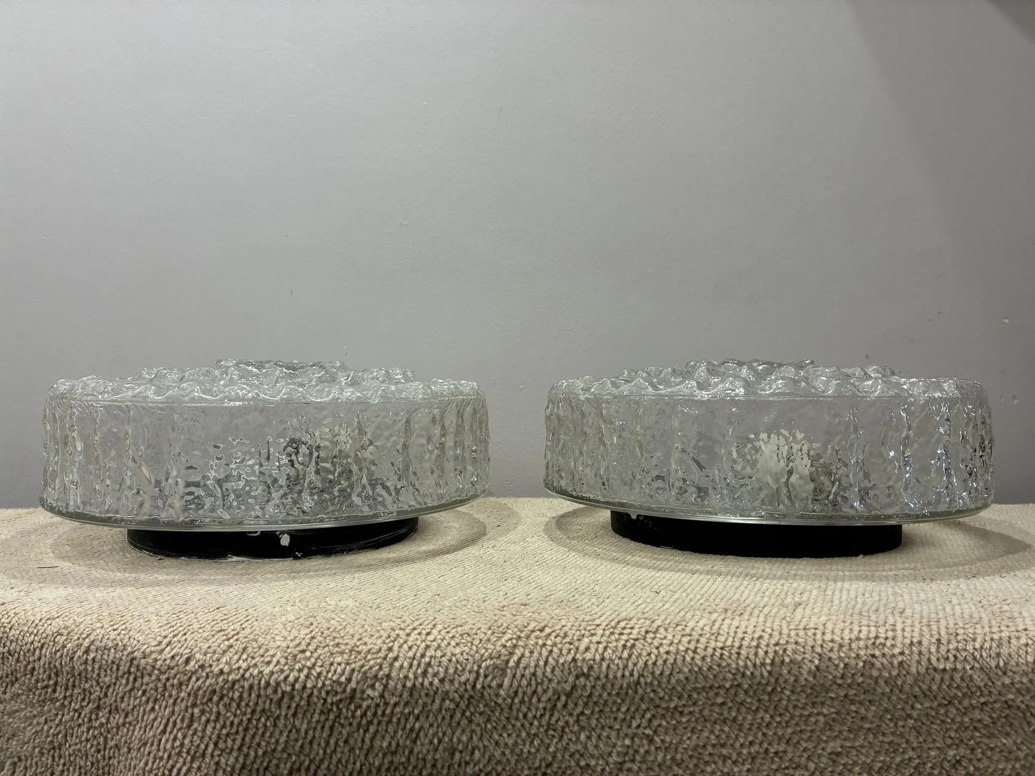 Pair of Peil & Putzler ice glass flush mount lights, 1960s
