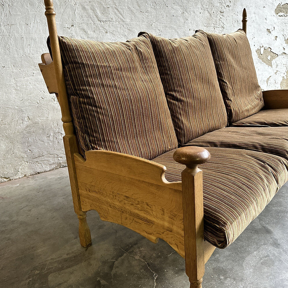 1950s brutalist oak and velvet throne-like sofa