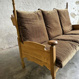 1950s brutalist oak and velvet throne-like sofa