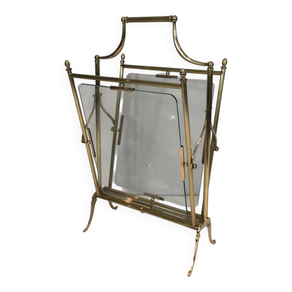 Porte-revues en laiton et verre transparent de la Maison Jansen