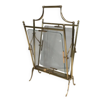 Brass and Transparent Glass Magazine Rack by Maison Jansen
