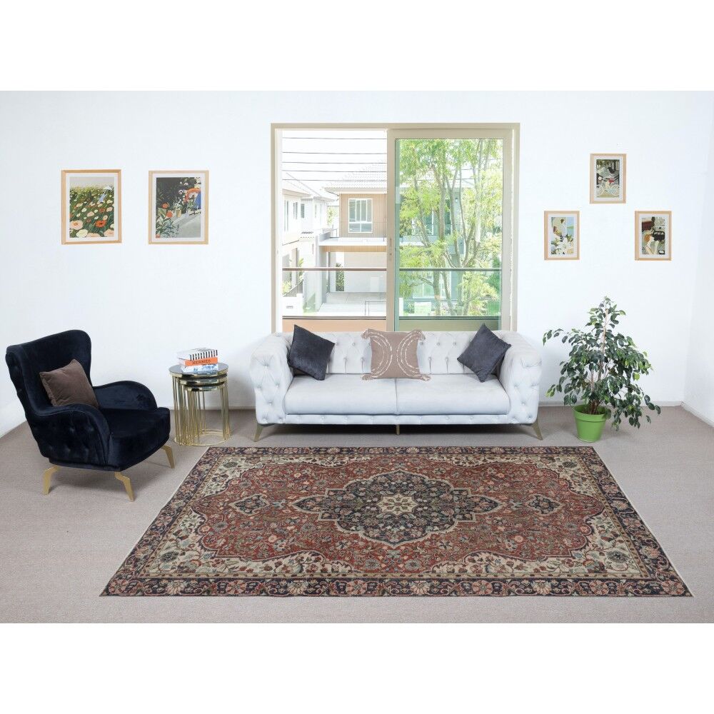 Vintage Handmade Wool Area Rug. One of a kind Turkish Carpet with Medallion Design