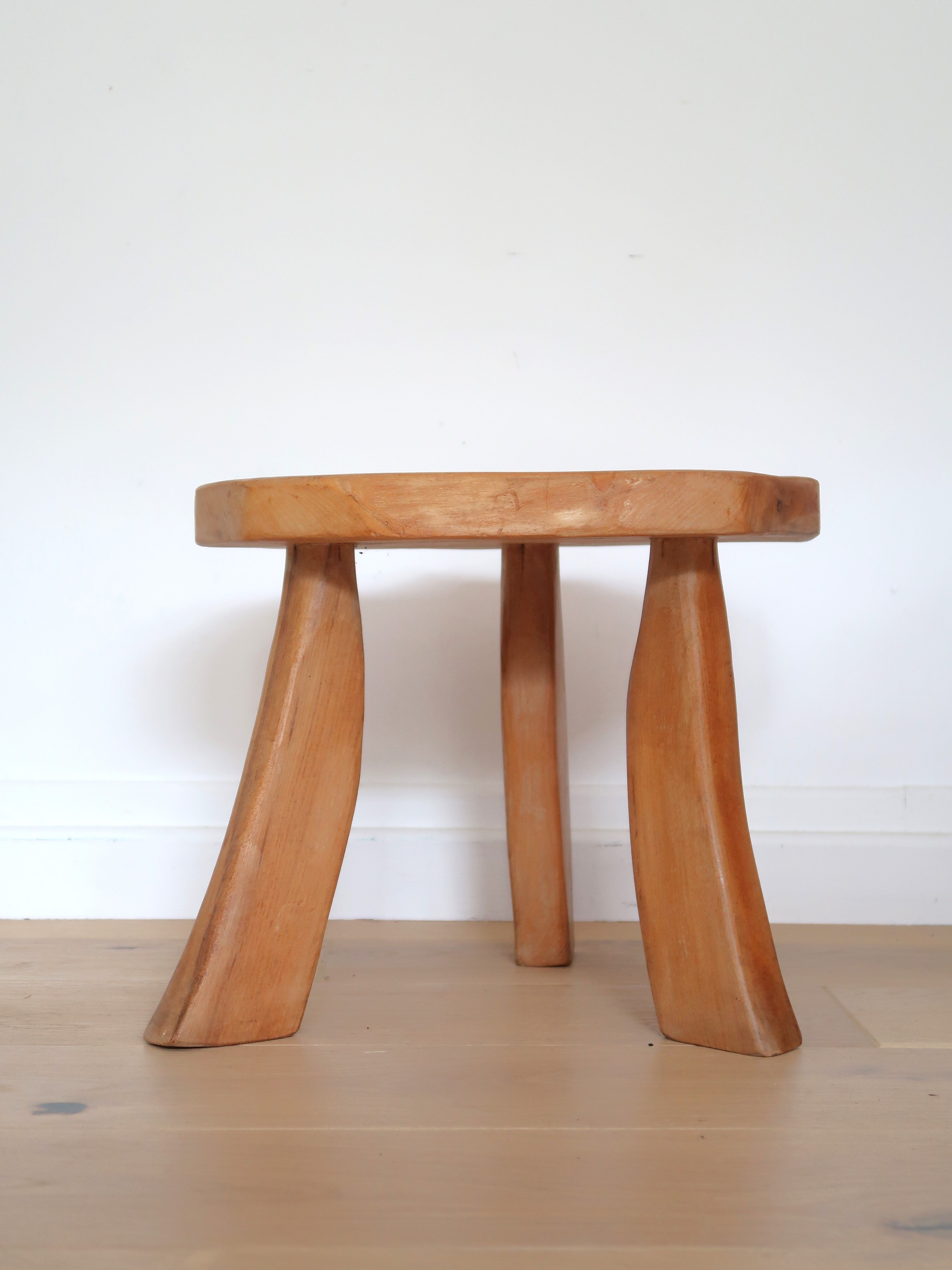 Brutalist solid wood tripod stool vintage