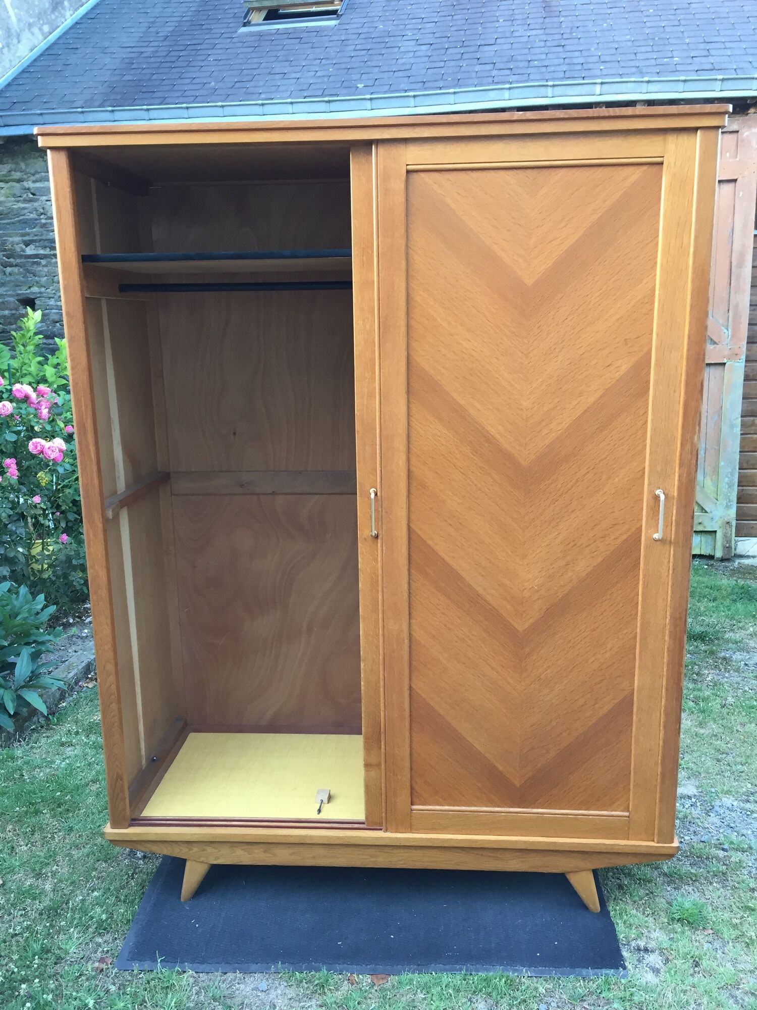 Vintage wardrobe with compass feet in oak and oak cp with 2 sliding doors.