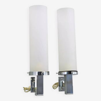 Pair of minimalist silver Art Deco wall lights in polished nickel & matte opal glass